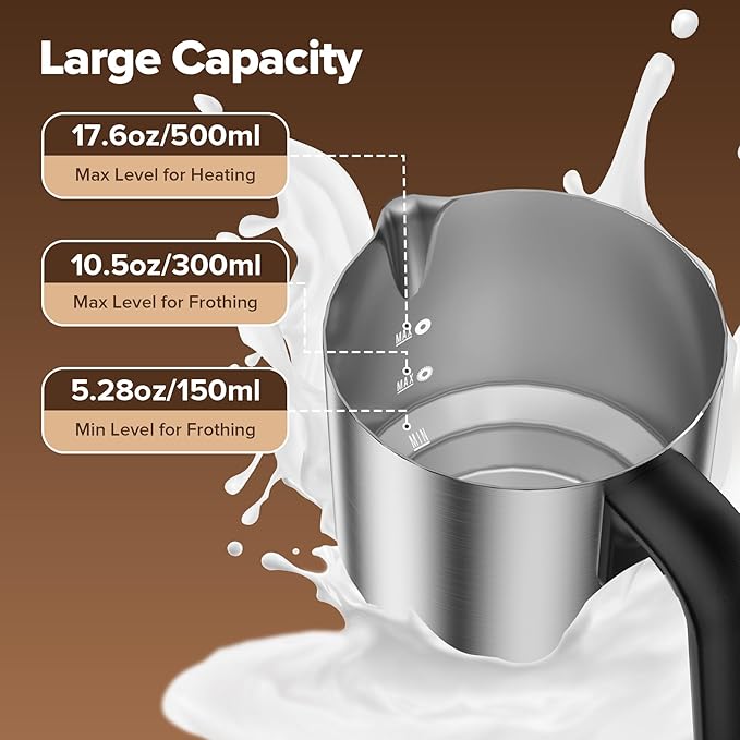 Milk Frother and Steamer, Large Capacity & Detachable Electric Milk Frother, Automatic Warm and Cold Foam Maker, Hot Chocolate Maker, Stainless Steel Jug, 30.44Oz./900ML