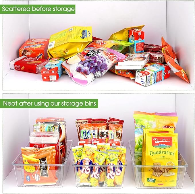 Snack Organizer for Pantry Shelf, 6 Pack Clear Plastic Pantry Storage Bins with 3 Dividers for Snacks, Spices, Chips Food Organizer, Stackable Pantry Organizers for Kitchen, Fridge, Cabinet