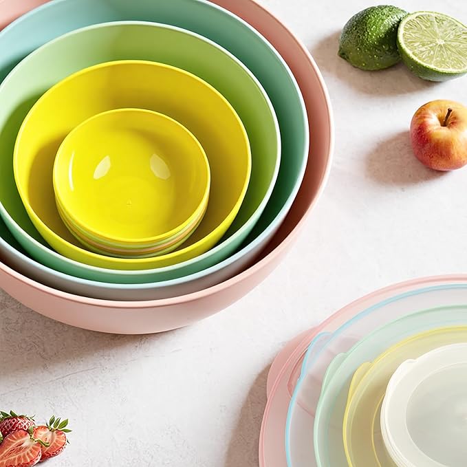 16 Piece Plastic Mixing Bowls with Lids Set - Nesting Bowls Set includes 8 Prep Bowls and 8 Lids, 2-in-1 Spoon-Fork, Large Salad Bowl for Preparing, Serving, and Storing, Dishwasher & Microwave Safe