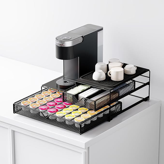 K Cup Organizer for Coffee Station - Sturdy Machine Base 60 Coffee Pod Storage Drawer, Non-Sagging Stand Compatible with Keurig K-Cup Pods, Anti-Vibration, No Assembly (Black)