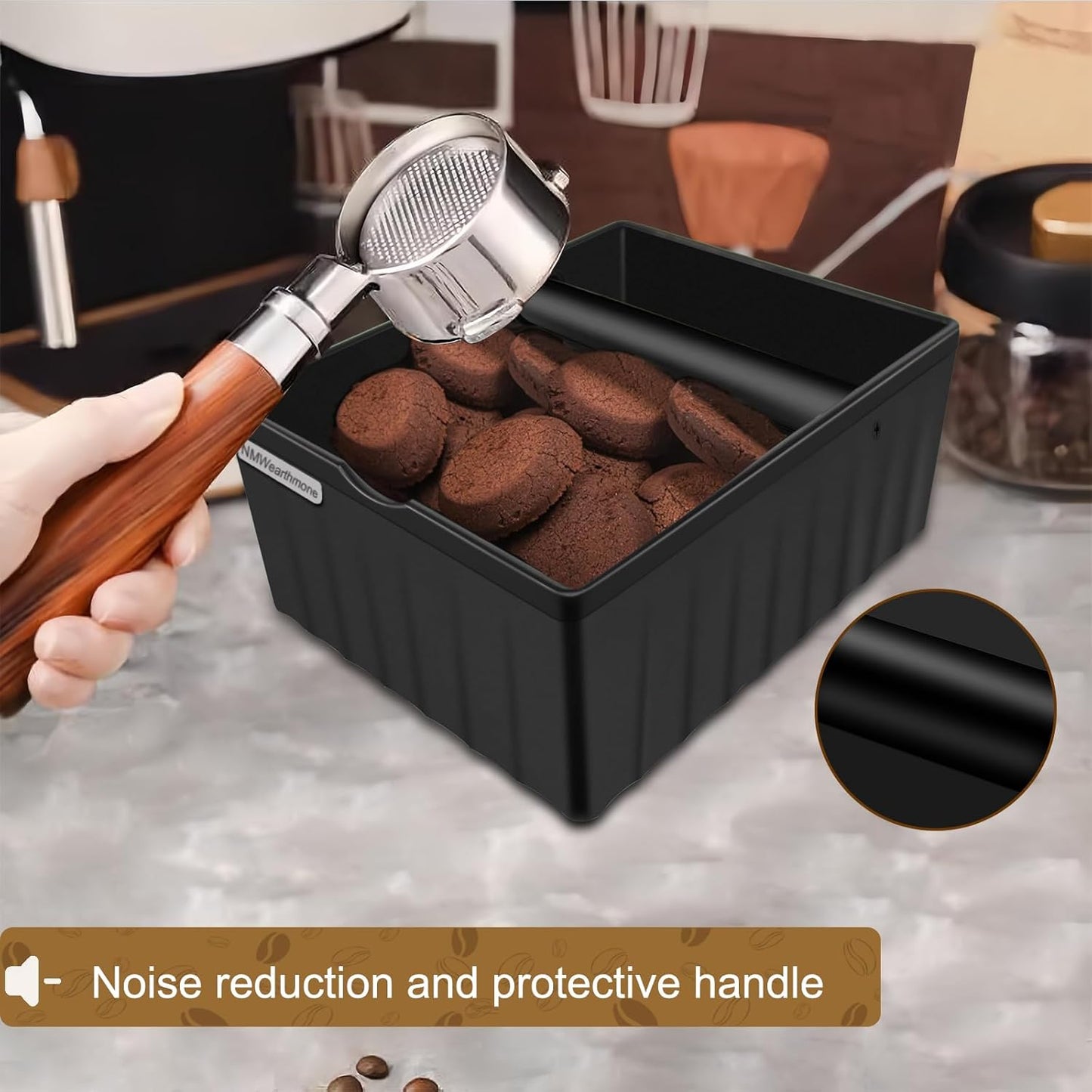 NMWearthmone Espresso knock box,Coffee grounds pucks knock box,Espresso Knock Box with Knock Bar and Non-Slip Rubber Base Knock Box,Shock-Absorbent Durable Barista Espresso Coffee Knock Box (Black)