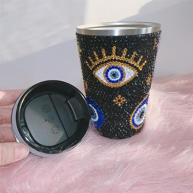 380ML Sparkle Black Crystal Evil Eyes Decorate Water Cup,Glitter Rhinestone Stainless Steel Keep Cold/Hot Coffee Mug