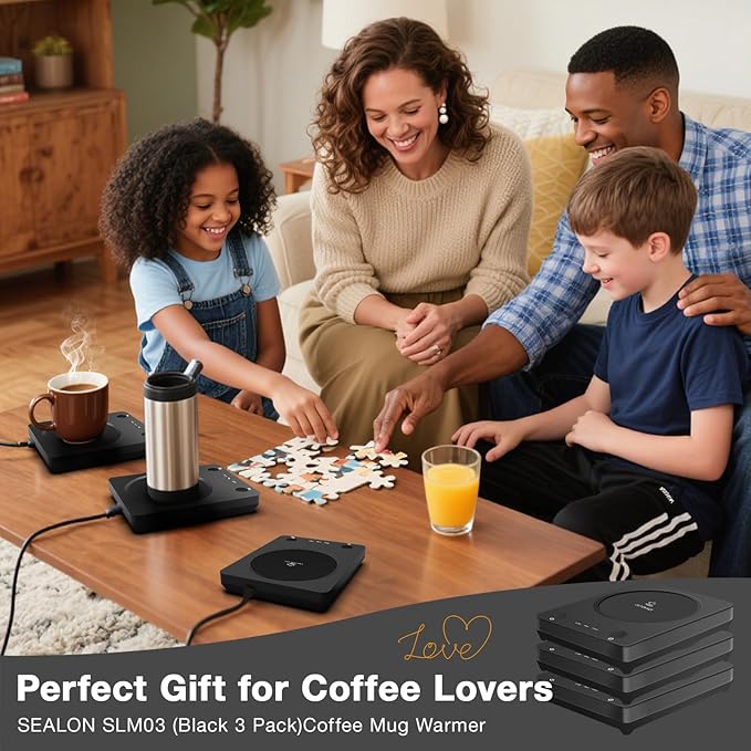 SEALON SLM03 Electric Coffee Mug Warmer (Black, 3 Pack) - 3-Temperature Desk Cup Warmer with Auto Shut-Off (4 Hours) for Heating Coffee, Tea, Milk & Beverages