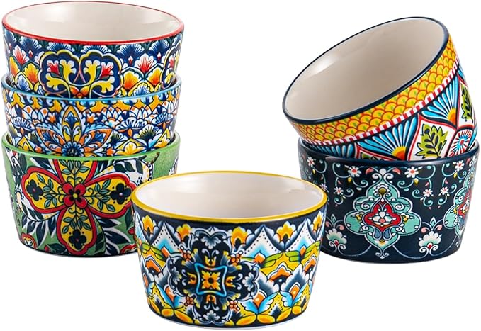4 oz Ramekins Oven Safe for Creme Brulee – Porcelain Pudding & Custard Cups – Small Serving Bowls for Single-Serve Desserts, Dips & Sauces, Baking Ramekin Set of 6 – Bohemian Style