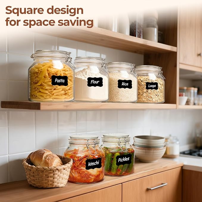 ComSaf 2-Pack 74oz (0.6 Gal) Wide-Mouth Glass Jars with Airtight Clamp Lids, Large Food Storage Containers for Flour, Sugar, Coffee & Pantry Organization, Includes Measuring Cup & Reusable Labels