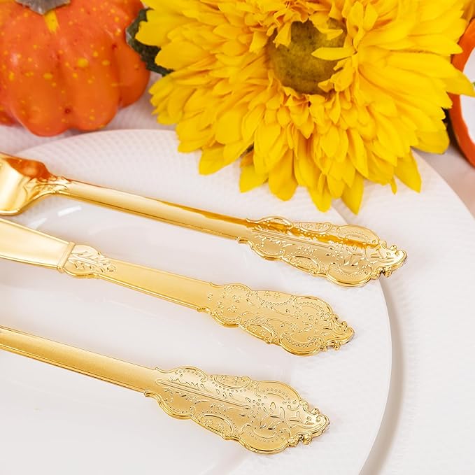 Liacere 400PCS Gold Plastic Silverware - Pre Rolled Napkins Disposable Gold Plastic Cutlery-Premium Quality Utensils-Includes 100Forks,100Knives,100Spoons,100Napkins&Wedding&Thanksgiving