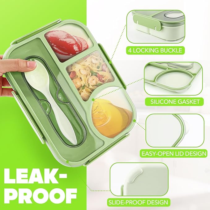 EASYFUN Bento Box Adult, Lunch Box, 4-Compartment Lunch Containers, Drop-Proof, Dishwasher Safe & Made with BPA-Free Materials (Green)