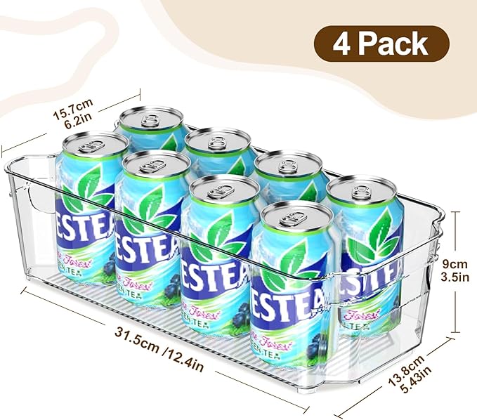 Clear Fridge Organizer, Refrigerator Organizer Bins with Handle, Freezer, Kitchen Cabinet, Pantry Organization, BPA Free Fridge Organizers (12.4 inch 4 Pack)