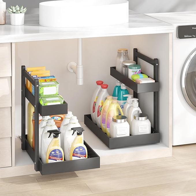 Under Sink Organizer - 1-Tier Pull Out Cabinet Organizer Vertical Slide Out Sink Shelf Storage Shelves for Multi-Purpose Bath Kitchen Bathroom Medicine (Black, 1 Pack)