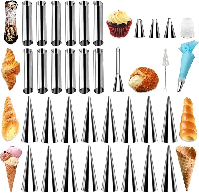 39 Pack Cannoli Forms Kit, Cannoli Forms Pastry Roll Molds with Piping Bags Reusable, Cleaning Brush, Long Cream Icing Piping Nozzle Baking Accessories Tool for Mum and Baker