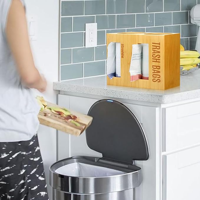 Extra Large Bamboo 2-in-1 Trash Bag Dispenser & Roll Holder – Fits Costco Kirkland & Members Mark Jumbo Rolls, Wall/Under-Sink/Cabinet Mountable, Dual-Slot Storage for 2 Rolls