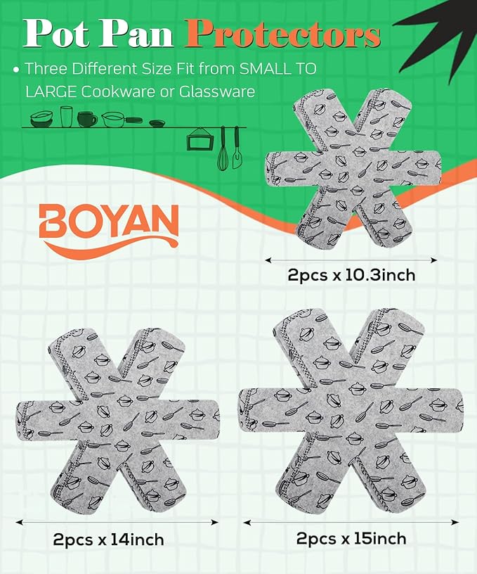 BOYAN Pot and Pan Protectors for Stacking, Set of 6 & 3 Sizes, Felt Pan Separators Dividers Pads for Space Saving, Pot Protectors for Stacking and Protecting Your Cookware