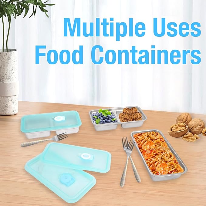 4 PCS Stainless Steel Snack Containers with Lids, Reusable Double Compartment Grab and Go Bento Lunch Box for Adult (4 Snack Containers+4 Forks)