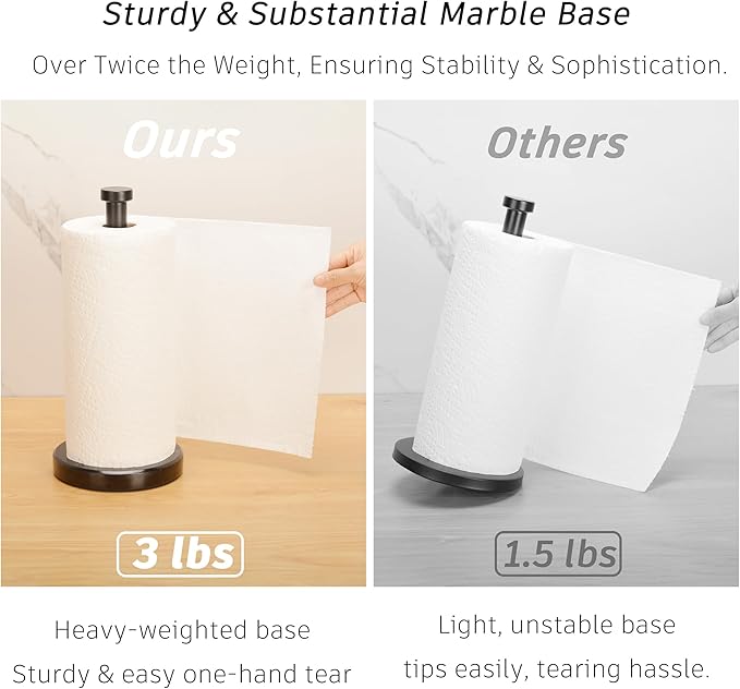 Paper Towel Holder Countertop, Heavy Weighted Black Marble Paper Towels Holder for Kitchen Counter, Modern Standing Papertowel Roll Holders(Matte Black Stainless Steel Bar, Black Natural Marble Base)
