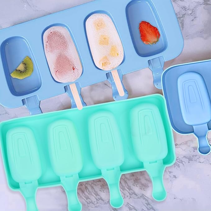 SAYAYA 4 Set Silicone Popsicle Molds with 200 Sticks, Reusable 4 Cavities Homemade Cake Pop & Cakesicle Mold for DIY Ice Cream, Ice Pop, Easy Release & Dishwasher Safe for Kids Family (Multicolor)
