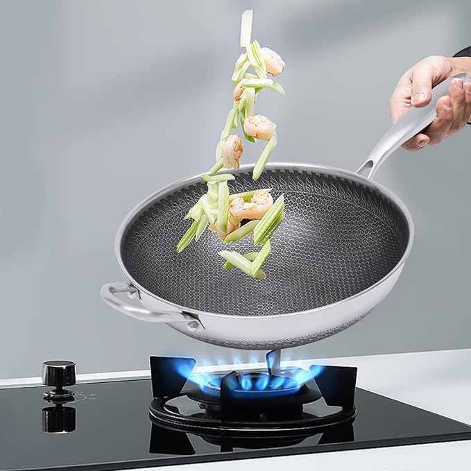 Wok Pan with Lid - 12 Nonstick Wok, Flat Bottom Chinese wok for Electric, Induction and Gas Stoves