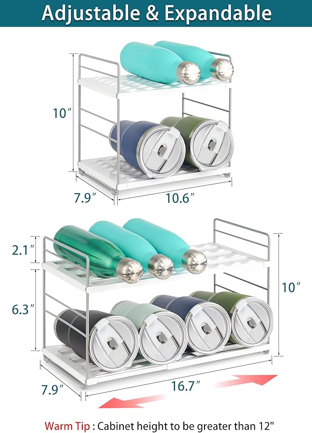 Water Bottle Organizer For Cabinet, Adjustable Tumbler Storage, Expandable Water Bottle Holder For Kitchen Organization, 2 Tier Cup Organizer For Sports Flask Insulated Travel Mug Fridge, White