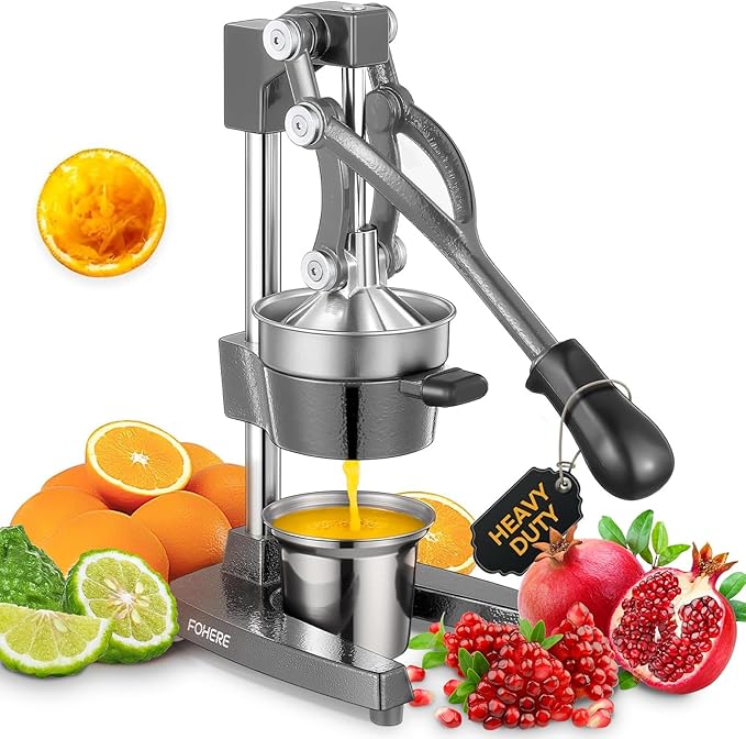 FOHERE Orange Juicer Squeezer, Cast Iron Lemon Squeezer, Commercial Citrus Juicer Hand Press for Orange, Lemon, Pomegranate, Easy to Clean Citrus Squeezer with a Stainless Steel Cup, Grey