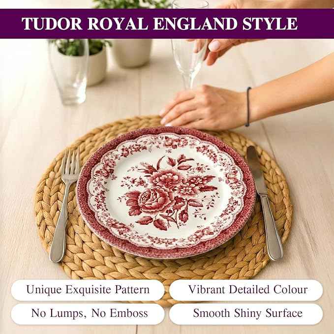Tudor Royal 12-Piece Round Porcelain Dinnerware Set, Service for 4 - Victoria RED Design, Red Floral, Plates Bowls Dishes, Premium Quality Tableware, Unique Pattern, Glossy