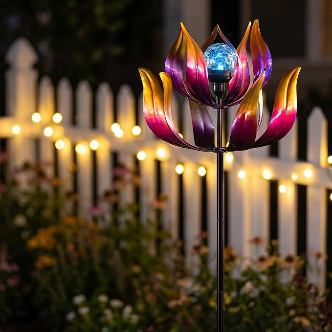 Solar Wind Spinner Outdoor Metal Decor - 61" Tall Lotus Kinetic Yard Art with Color-Changing Crackle Glass LED Light, Dual-Directional Wind Catcher Lawn Ornament for Garden, Patio & Yard Gift