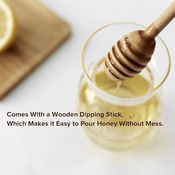 Viva Handmade Small Glass Honey Jar with Dipper and Lid – Borosilicate Glass Honey Container Dispenser, No-Drip Wood Stick for Smooth Pouring – 10 oz / 300 ml for Kitchen & Tea Ritual