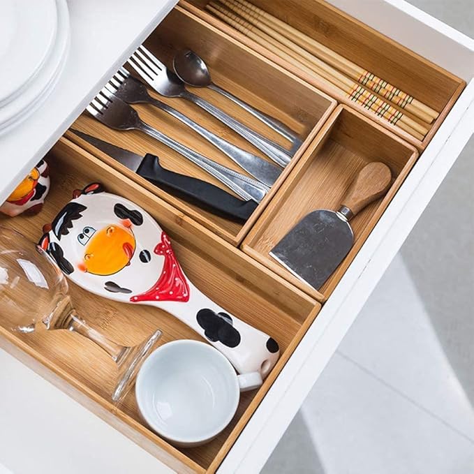 Bamboo Drawer Organizer - Kitchen Utensil Organizer Silverware Tray Cutlery Holder，Office Desk Supplies and Accessories (15X5.9X2.6 inch)