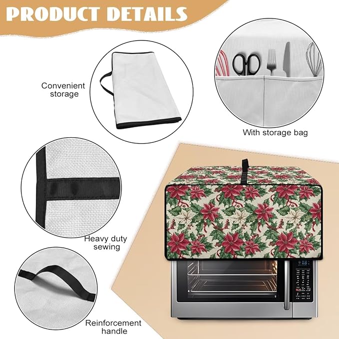 Air Fryer Toaster Oven Dust Cover Dustproof Convection Oven Cover with Side Pockets for Small Kitchen Appliances, M, 16.5 x 20.5 x 10 Inches, Poinsettia Flower Christmas Decor
