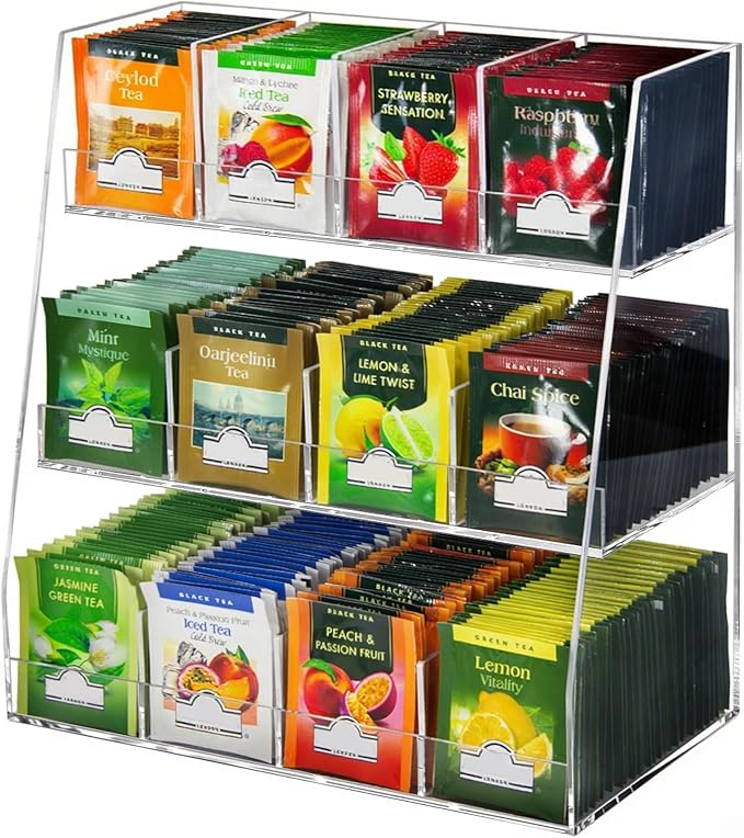 Acrylic Tea Bag Organizer - 3 Tier Clear Tea Bag Holder & Storage Rack, Modern Tea Organizer for Countertop, Cabinet, No Assembly Required Tea Bar Accessories (Holds 200+ Tea Packets)