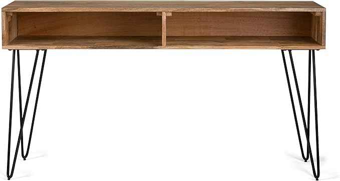 SIMPLIHOME Hunter Console Table - 55 Inch Wide Solid Mango Wood and Metal Sofa Table in Natural, Industrial Storage Table for Entryway or Living Room with 2 Open Cubbies and Black Hairpin Legs