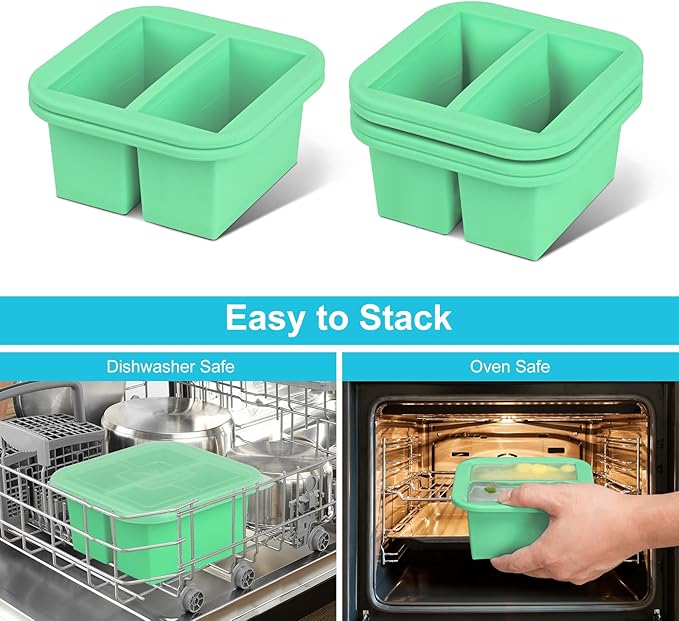 Silicone Freezer Tray with Lid 2 Pack Silicone Freezer Molds Ice Cube Tray Makes 4 Perfect 1 Cup Portions Soup Cubes Meal Prep Containers- Oven & Dishwasher Safe