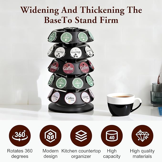 CEHNCEH K Cup Holder: Coffee Pod Carousel Organizer, Compatible with 40 Keurig K-Cup Pods, Spins 360-Degrees - Lazy Susan Platform, Home or Office Kitchen Counter Organize (New Model Black)