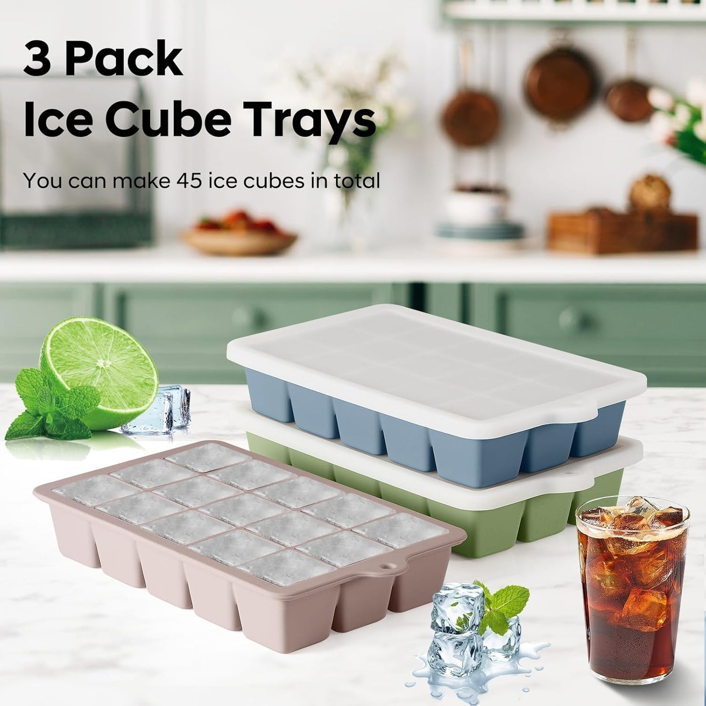 Silicone Ice Cube Tray 3 Pack, HANCELANT Ice Cube Mold, Ice Trays for Freezer with Lid for Whiskey, Baby Food, BPA Free, Easy Release