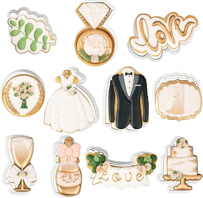 Flycalf Love Cookie Cutters Set of 11 with 3D Stamper PLA Kitchen Cake Wedding Dress Love Ring Shapes for Kids 3" Baking Embossing Stamps Mold Supplies Biscuit Tools
