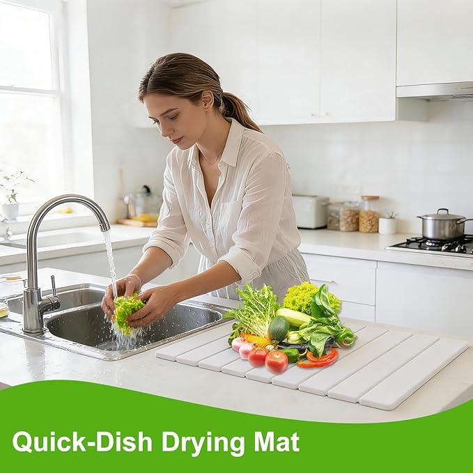 Stone Dish Drying Mat for Kitchen Counter, Diatomaceous Earth Water Absorbing Mat, Foldable and Super Absorbent Dish Drying Stone Mat for Dishes Bottles Cups, Match Any Countertop -White