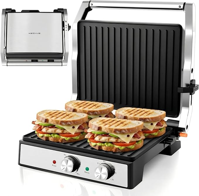 KEINVE 1600W Panini Press, Sandwich Maker with Temp & Time Setting, 4 Slice Large Non-stick Versatile Grill Press, Opens 180 Degrees to Fit Steak, Fish, Vegetable and More