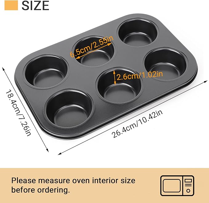 Beasea Muffin Pan 6 Cup, Set of 2 Non Stick Muffin Baking Pan, Carbon Steel Muffin Pan Bakeware Set Cupcake Baking Pan for Oven Baking