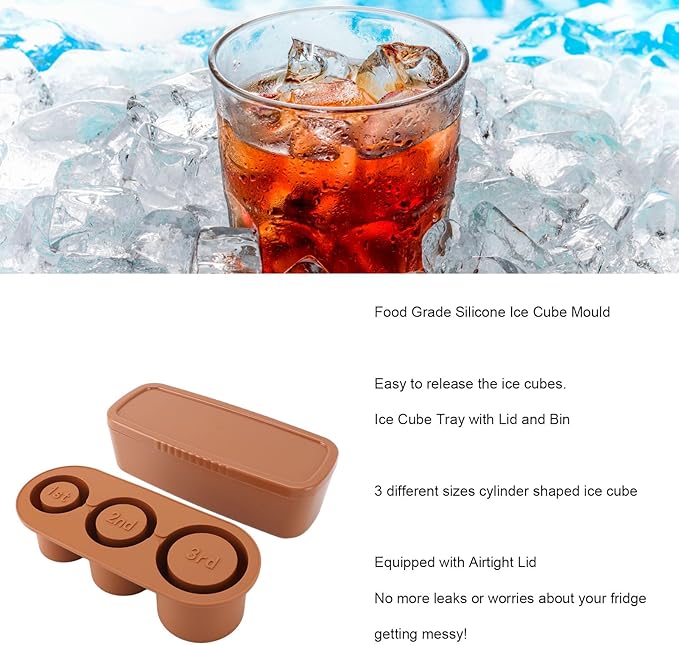 Silicone Ice Cube Tray, Spill Hollow Cylindrical Ice Tray, Easy Release, Safe, Large Capacity, Removable Lid, Reusable for Freezer (Brown)