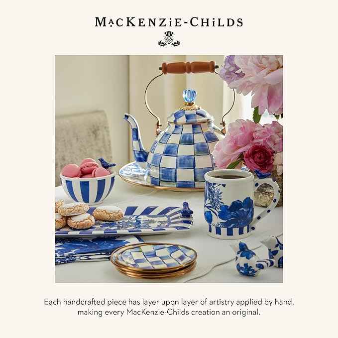 MACKENZIE-CHILDS Enamel Recipe Box, Index Card Box with Lid, Includes 40 Recipe Cards, Blue-and-White Royal Check