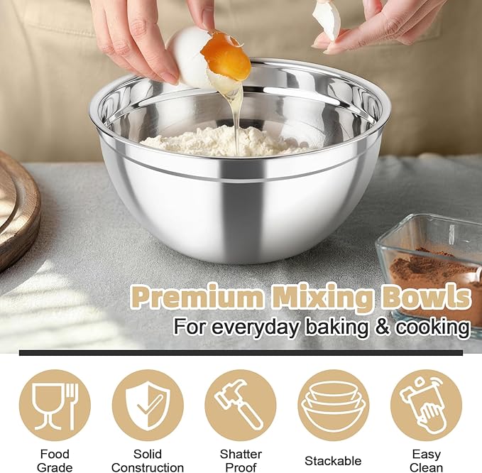 TeamFar Mixing Bowls, Stainless Steel Nesting Salad Bowls with Airtight Lids Set, For Serving/Mixing/Storing, Rust-proof & Heavy Duty, Dishwasher Safe, Set of 3-4.6/3 / 1.5 QT, Khaki