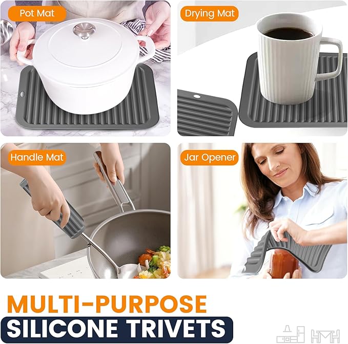 Silicone Trivet Mats 2 Heat Resistant Pot Holders Multipurpose Non-Slip Hot Pads for Kitchen Potholders, Drying mat, Jar Opener, Spoon Holder, Coaster.(Dim Grey)