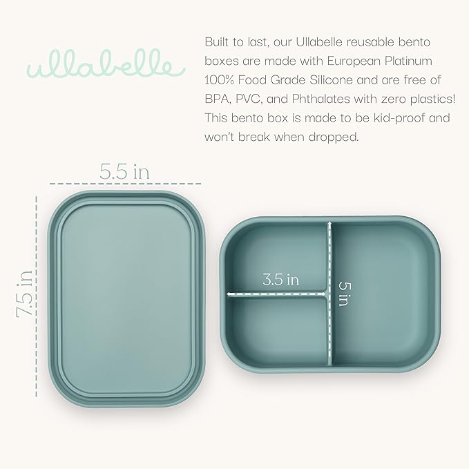 Ullabelle Leak Proof Bento Box Food-Grade Silicone Bento, BPA, Phthalate, Lead, & PVC Free - Bento Lunch Box for Daycare, Kids, & Adults - Leak Resistant Sets With Lids Snack Box Container (Grey)