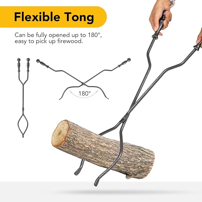 nalone 5 Pieces Fireplace Tools Set, Wrought Iron with Silver Pattern Fireplace Accessories Set with Poker, Tong, Shovel, Brush, Fire Place Tools Indoor Outdoor (Grey)