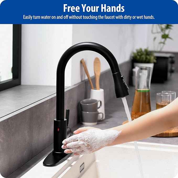 WEWE Black Kitchen Faucet, Touchless Kitchen Faucet with Pull Down Sprayer - Matte Black Single Handle Kitchen Faucets Hands-Free Activated Stainless Steel Kitchen Sink Faucet