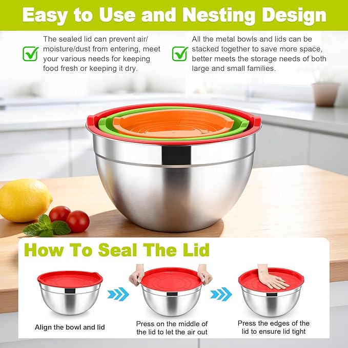 TeamFar Mixing Bowls, Stainless Steel Nesting Salad Bowls with Airtight Lids Set, For Serving/Mixing/Storing, Healthy & Long-lasting, Dishwasher Safe & Easy Clean, 4.6/3 / 1.5 QT, Colorful