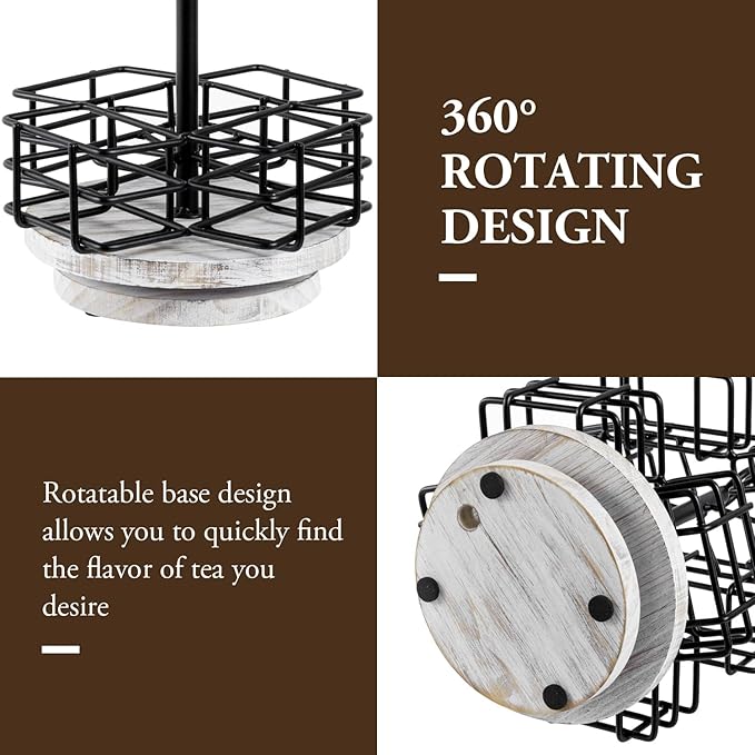 MyGift 8 Compartment Tea Bag Organizer Carousel, Black Metal Wire Packet Holder and 360 Degree Spinning White Washed Solid Wood Base, Coffee Station Storage Caddy