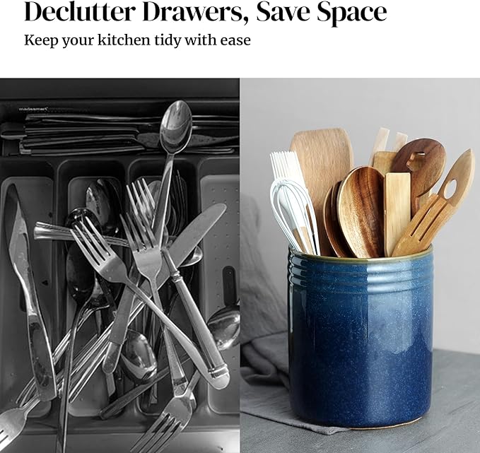 DOWAN 7.2" Kitchen Utensil Holder, Extra Large Farmhouse Utensil Holders for Countertop, Ceramic Utensil Crock, Anti Slip Cork Bottom