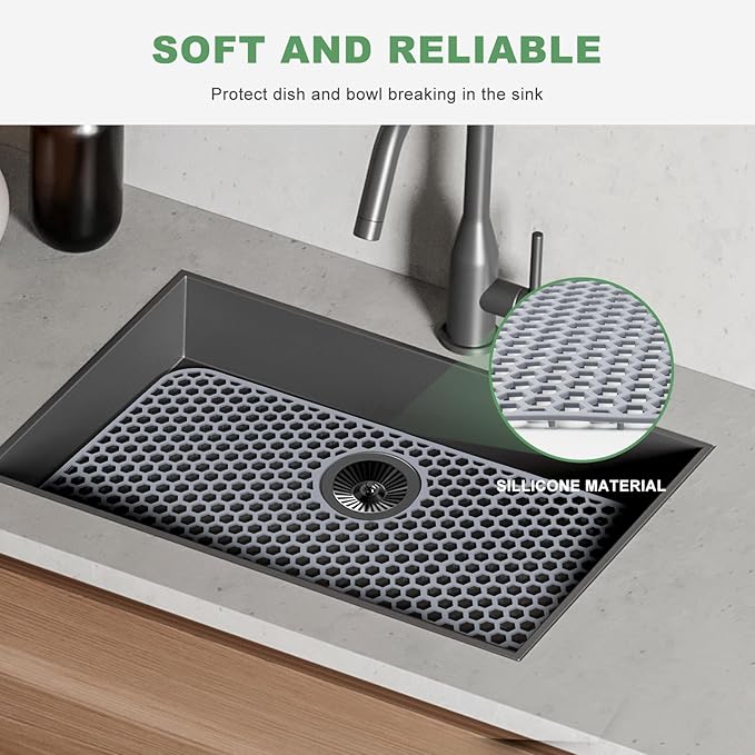 Sink Protectors for Kitchen Sink - 26"x 14" with Rear Drain Hole Heat Resistant Easy Clean Non-slip Silicone Kitchens Sinks Mat for Bottom of Kitchen Sinks Stainless Steel(Grey)-66x35CM