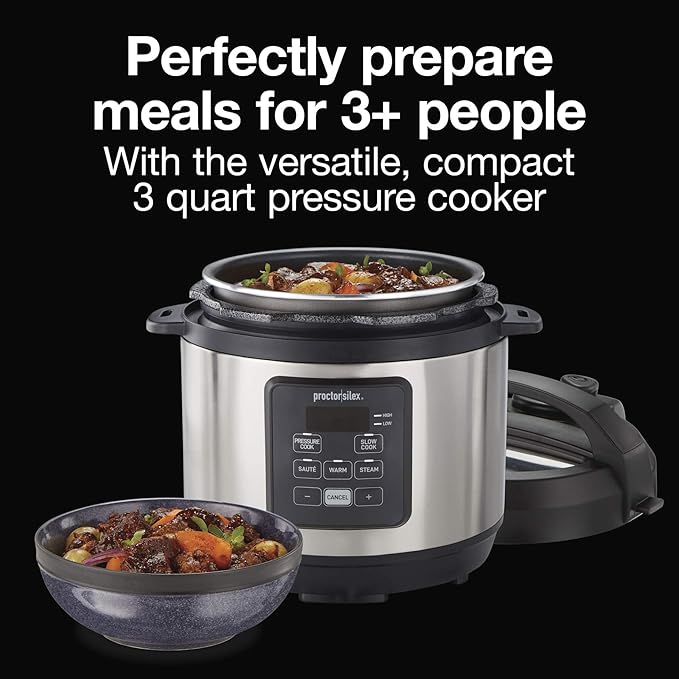 Proctor Silex Proctor-Silex Simplicity 4-in-1 Electric Pressure Cooker, 3 Quart Multi-Function With Slow Cook, Steam, Sauté, Rice, Stainless Steel (34503)
