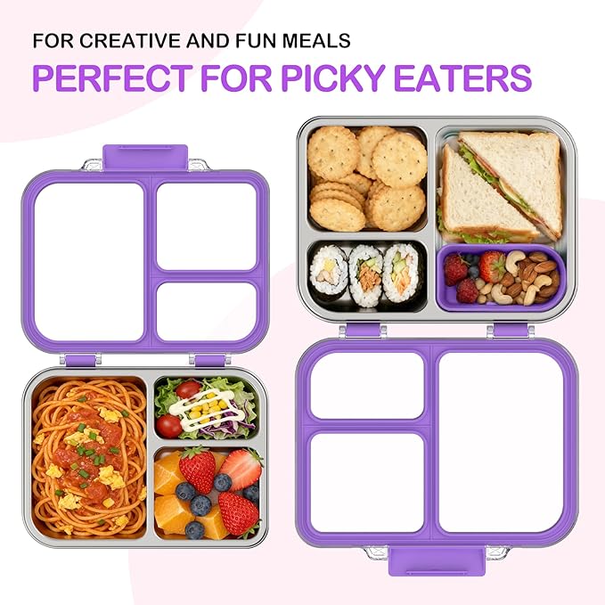 BABHAMNESS Stainless Steel Bento Lunch Box for Kids Adults, 3 Compartments Metal Bento Box with Transparent Lid & Silicone Container for Kids,Dishwasher-Safe,School & Travel,BPA-Free(Purple)