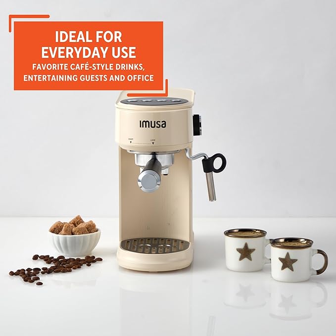 IMUSA 20 Bar Espresso Machine with Milk Frother, Compact 1-2 Cup Espresso & Cappuccino Maker, Thermoblock Fast Heating Coffee Machine, Hot & Iced Latte, Macchiato & Mocha Maker, Matte Almond